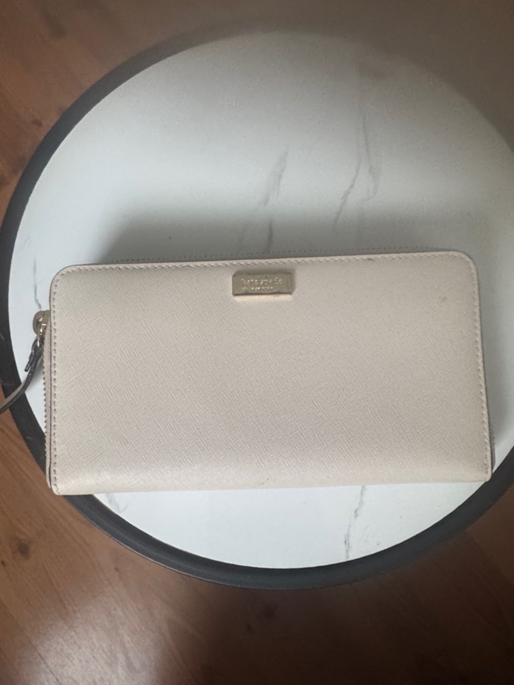 kate spade Cream Saffiano Zip-Around Wallet with Gold Logo